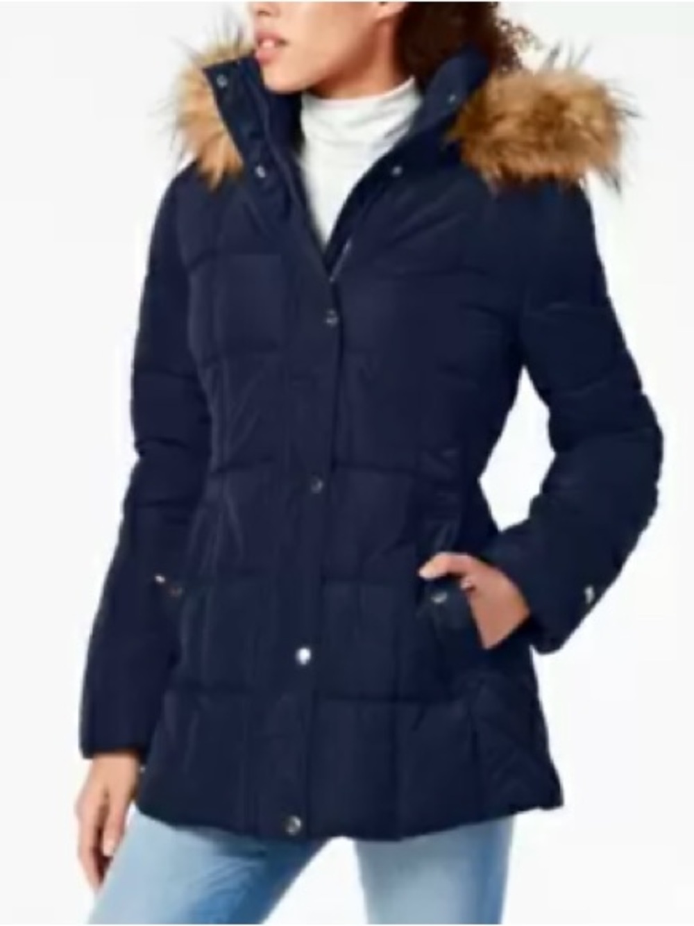 Tommy Hilfiger Navy Puffer Coat with Faux Fur Hood